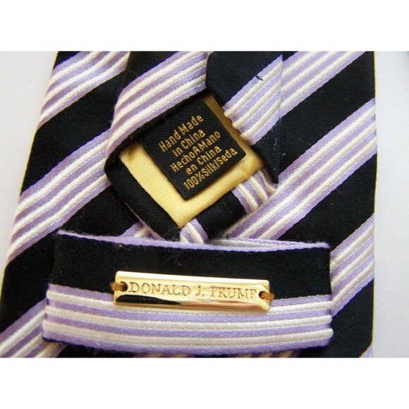 Donald Trump Mens Signature Collection Tie Black White Violet Striped 100% Silk - Picture 6 of 7